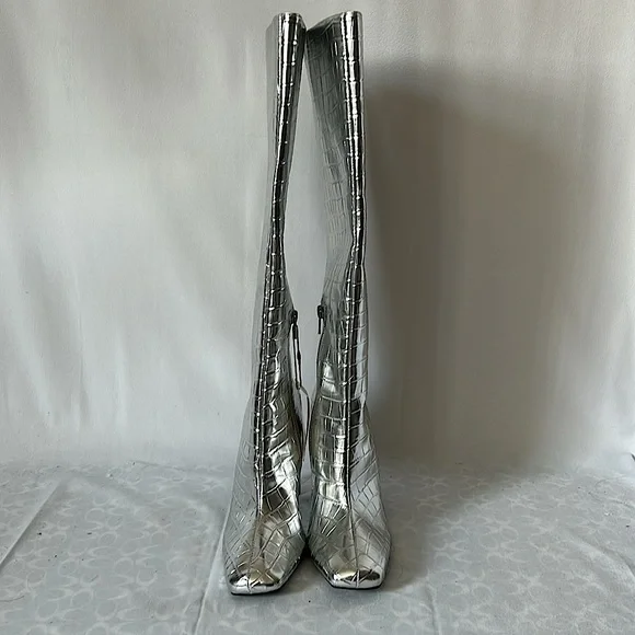Zara NWT Silver Metallic Crocodile Print Knee High Heel Boots **Sz 36/US 6**🔥🔥 - Picture 2 of 8